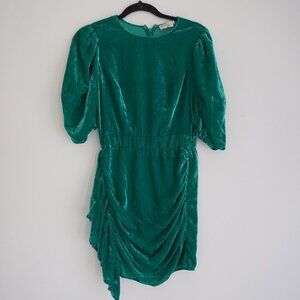 Rhode Hunter Green Velour Draped Skirt Belle Sleeve Elastic Waist Mini Dress 0